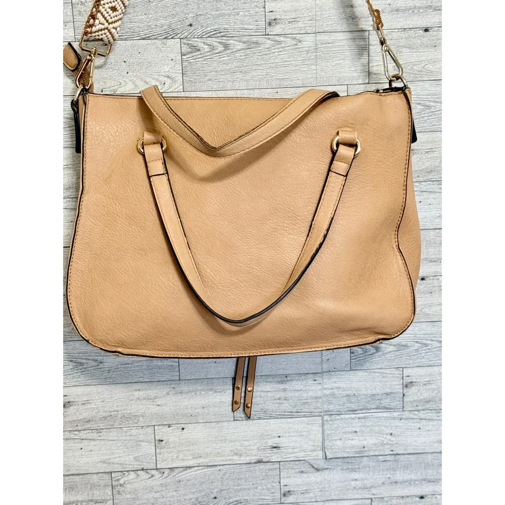 Sole Society Tan Vegan Leather Satchel Boho Whipstitch Woven Strap Crossbody Bag